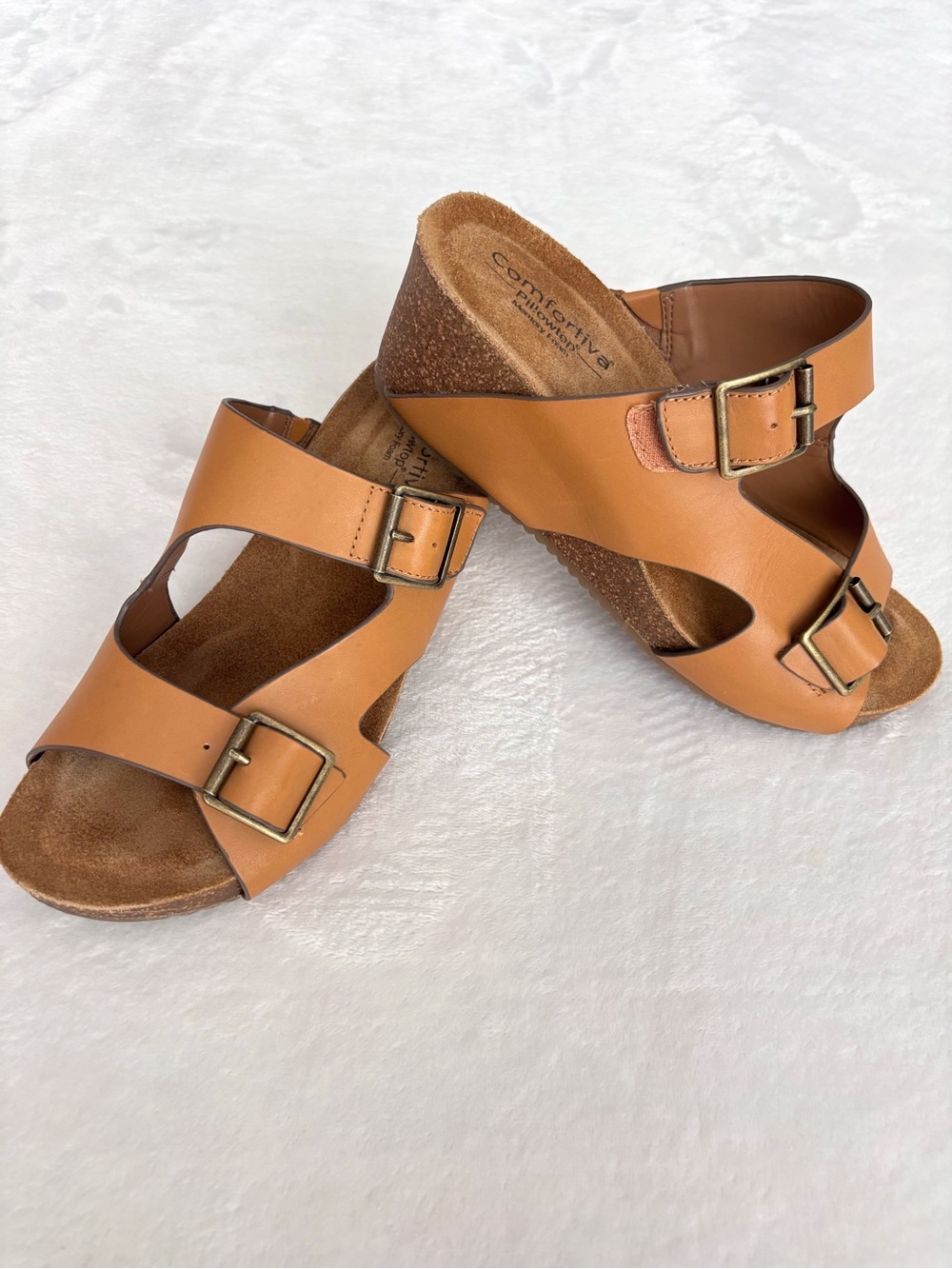 COMFORTIVA Emah Tan Leather Slide-On Wedge--EUC--9
